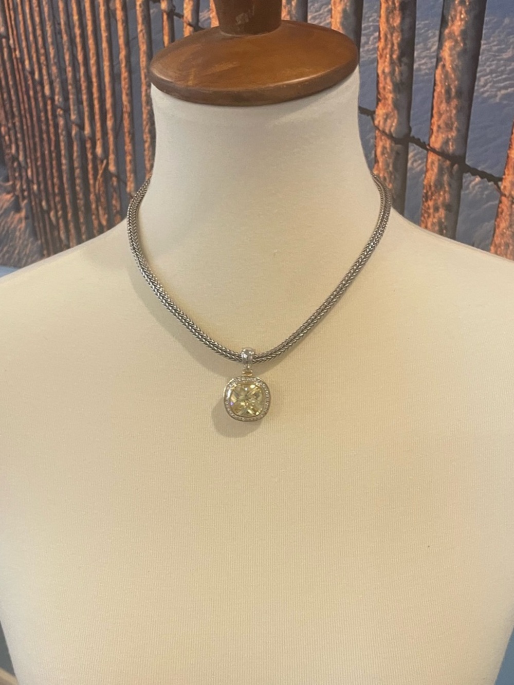 Sterling Silver Chain Necklace with Pale Yellow Gem Pendant (David Yurman like)